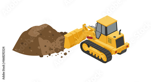 Powerful yellow bulldozer scooping dirt, ready for construction, excavation, and earthmoving projects