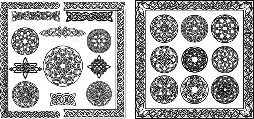 Celtic knotwork design set featuring intricate borders, corners, and circular medallions with flowing lines