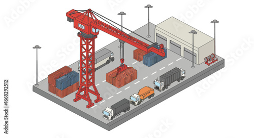 Modern isometric cargo crane lifting container for shipping, international trade logistics solution design