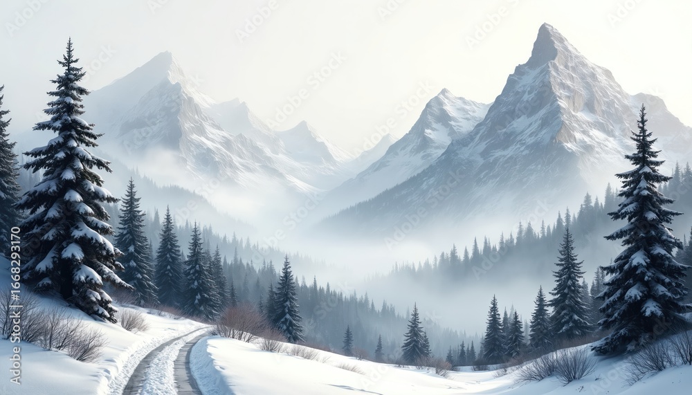 Obraz premium Winter panorama of snow covered mountain range with evergreen forest. Pristine snow blankets the landscape. Tranquil scene with towering peaks, fog in valley. Cold, silent, vast nature beauty.