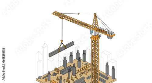 Isometric construction site scene with crane lifting steel beam for modern building project, city skyline backdrop