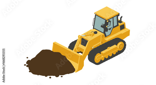 Isometric bulldozer scooping dirt construction equipment moving earth for building project site prep