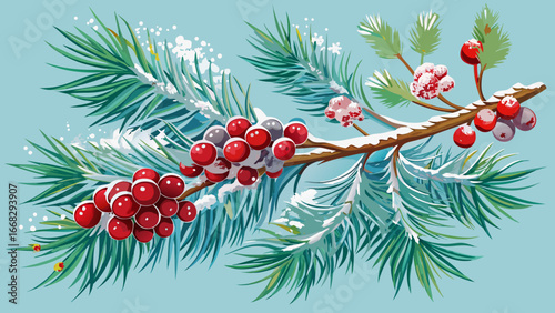 Snow Covered Pine Branch with Cones and Red Berries
Winter’s hand adorns pine branches with frost, crimson berries gleam amid icy needles, cones rest like sculptures, holiday spirit whispers softly th