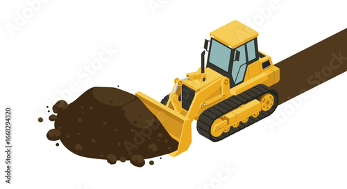 Isometric bulldozer carrying soil, construction equipment vector for building, and earthmoving projects
