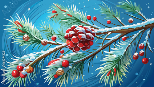 Snow Covered Pine Branch with Cones and Red Berries
Winter’s hand adorns pine branches with frost, crimson berries gleam amid icy needles, cones rest like sculptures, holiday spirit whispers softly th