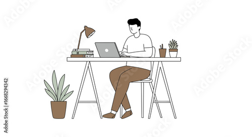 Freelancer working remotely from home, staying productive and focused on laptop, vector art illustration