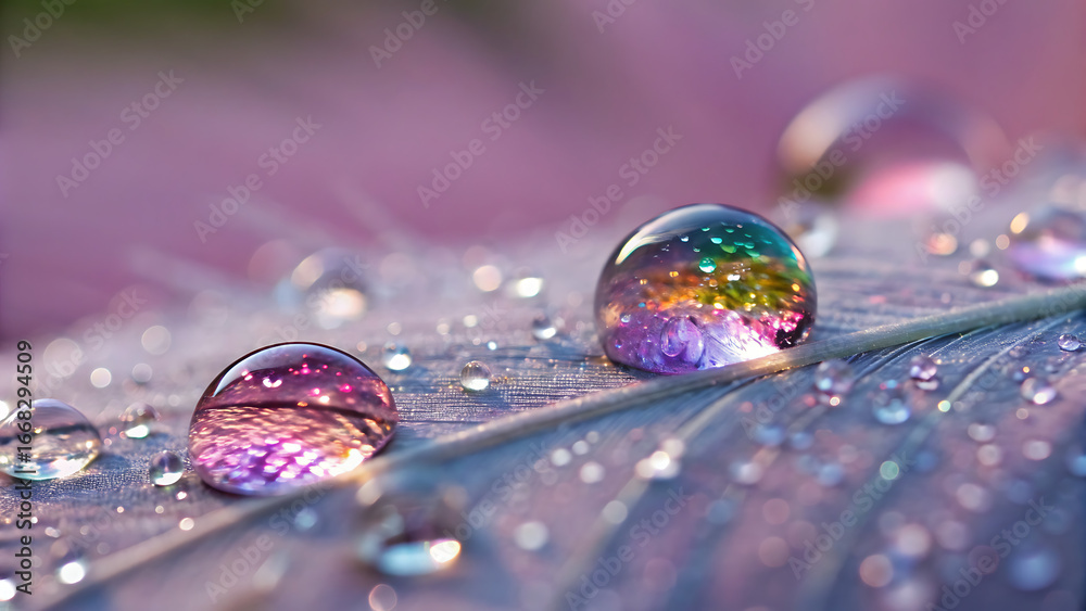 Naklejka premium Water droplets on a feather reflect the surrounding colors in a macro closeup
