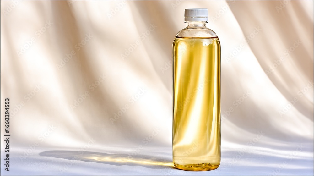 Naklejka premium Transparent plastic bottle filled with golden liquid stands on soft fabric background, showcasing the product's clarity and color in an elegant presentation