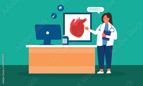 Cardiology consultation concept. Female Doctor Characters with Drugs and Equipment at Huge Human Heart Measure Pulse