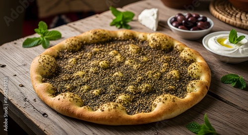 Delicious Za'atar Flatbread with Olives, Creamy Labneh, and Fresh Mint on a Rustic Wooden Table