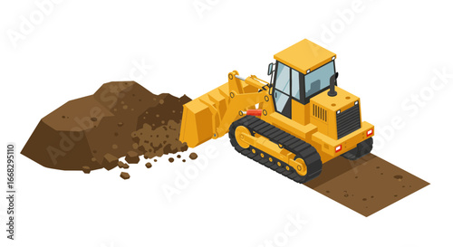 Isometric bulldozer scooping dirt, construction equipment moving earth for development project, scalable graphic