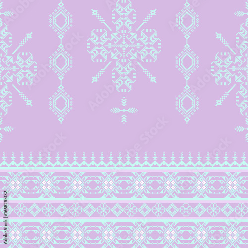 Blue and purple pixel seamless pattern. Border with snowflakes. Openwork lace. Cross-stitch background. Vector illustration. Ideas for wallpaper, sarees, and sarongs.