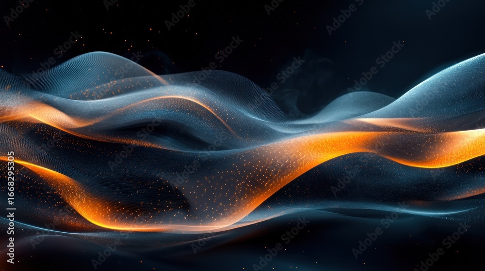 Obraz premium Abstract Waves of Orange and Blue Light with Scattered Sparkles on a Dark Background