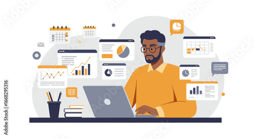 Modern professional analyzing business data trends on laptop for strategic planning and success, originally a scalable graphic
