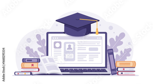 Graduation cap on laptop screen with books symbolizes online education and learning success