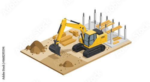 Isometric construction site with excavator digging foundation for a modern building project, vector origin
