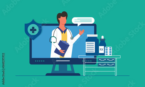 Online doctor consultation concept. Family male doctor with stethoscope on the computer screen