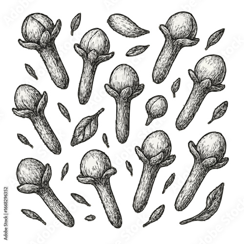 Detailed cloves spice sketch illustration, showcasing dried buds in vintage style. Perfect for culinary designs, food packaging.

