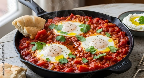 Hearty Shakshuka with Poached Eggs, Tomato Sauce, and Fresh Herbs in Cast Iron Skillet