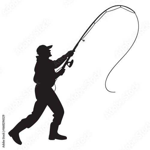 Fisherman reeling in catch silhouette