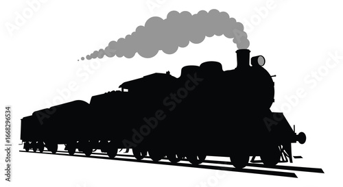 A black silhouette of a vintage steam locomotive train on tracks
