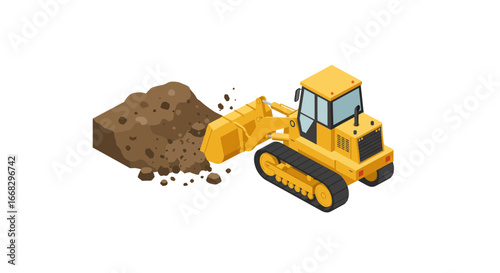 Yellow bulldozer efficiently moves a pile of dirt, showcasing construction progress and heavy machinery.
