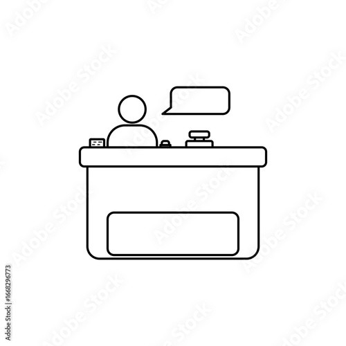 Line icon of a hotel receptionist behind a front desk with a speech bubble. Represents hotel service, check-in process, or customer support. Perfect for apps, websites, or travel-related visuals