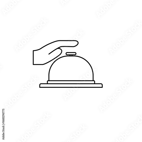 Outline icon of a hand pressing a service bell. Minimalist symbol representing hotel service, front desk call, or customer assistance. Ideal for hospitality and travel-related content