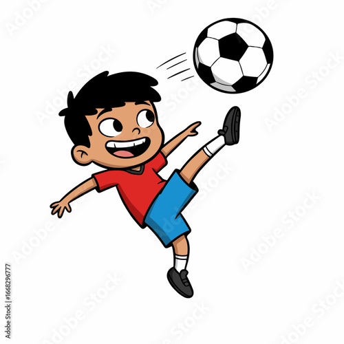 a boy in a red shirt is kicking a ball