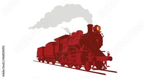Red steam train engine with smoke coming out of the chimney