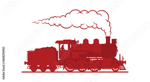 Red steam train engine with smoke coming out of the chimney