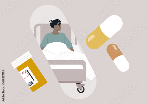 A patient sits in a hospital bed, wrapped in white sheets, amidst various pills and capsules. The ambience conveys a blend of care and the healing power of medication.