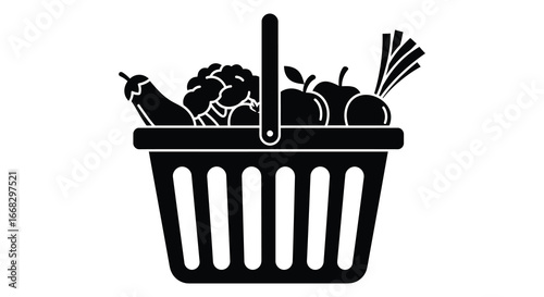 Black silhouette of a shopping basket filled with fresh fruits and vegetables