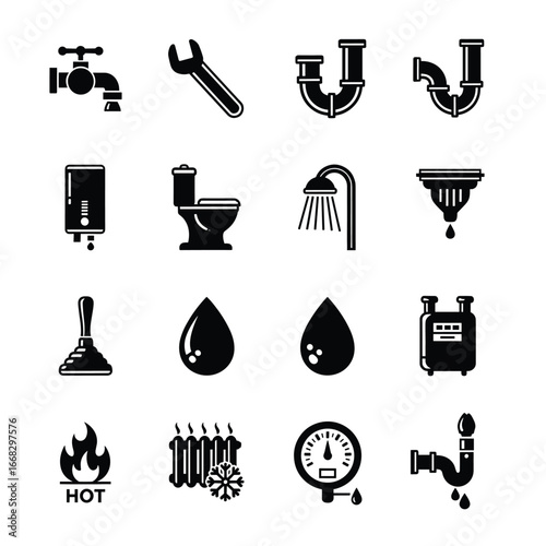 Plumbing and Heating Icons Set in Black and White Style