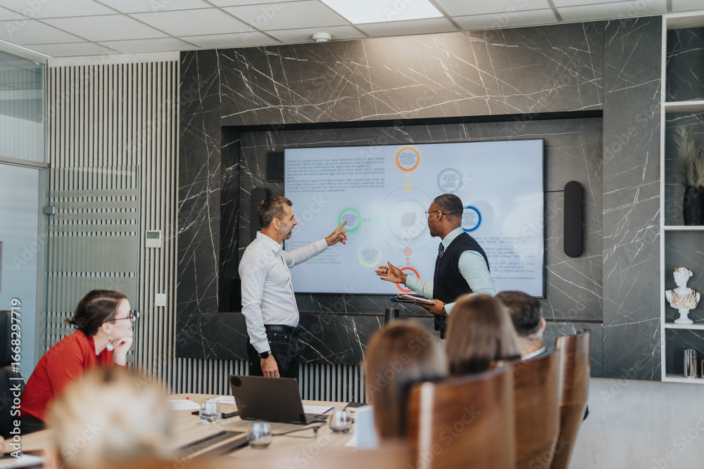 Fototapeta premium A diverse group of business people engaging in a brainstorming session. They are analyzing and discussing solutions on a digital board in a contemporary office setting.