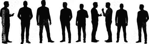 Group of men standing and talking, silhouette style, casual clothing, social interaction, communication, teamwork, friendship, modern lifestyle, isolated white background.