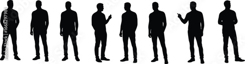 Group of men standing silhouette, casual poses, social interaction, communication, talking, diverse expressions, isolated white background, teamwork, modern lifestyle, collaboration, male group.