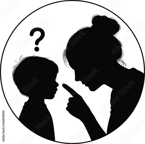 Mother scolding child silhouette illustration, parent discipline teaching, family education conflict, childhood behavior correction, parenting responsibility concept, emotional relationship vector 