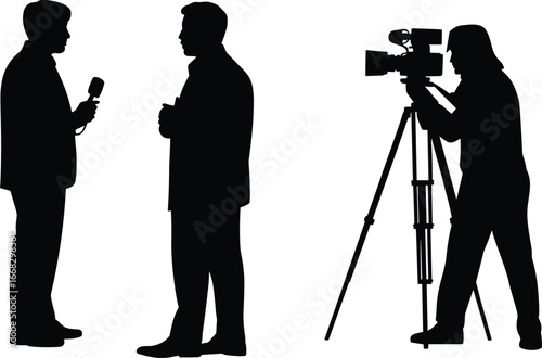 Silhouette of journalist interviewing a man with cameraman recording, professional media production scene, isolated black vector illustration on white background.