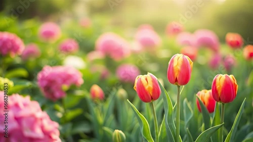 A sunny field of red and yellow tulips with pink hydrangeas