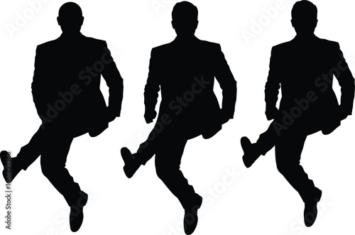 Silhouette of three men in suits doing synchronized leg kick dance, isolated vector illustration on white background, professional stage performance concept.
