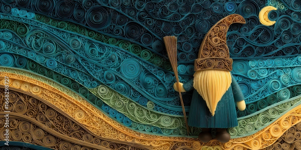 Fototapeta premium Halloween Gnome Paper Quilling Card Concept. Whimsical gnome figure against a swirling patterned background.