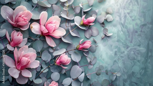 Spring pink magnolia flowers with eucalyptus branches on abstract background with copy space. Flora, botanical composition, floral background