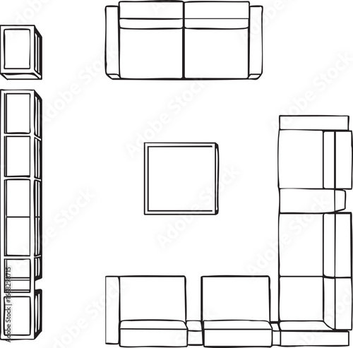 Living room furniture layout vector illustration: sofa, sectional, bookshelf, coffee table eps silhouette