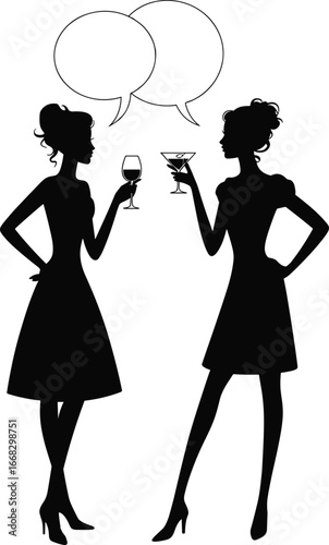 Silhouette women talking with wine glass, cocktail party conversation, friends communication, social lifestyle, elegant ladies chatting, fashion illustration, vector design