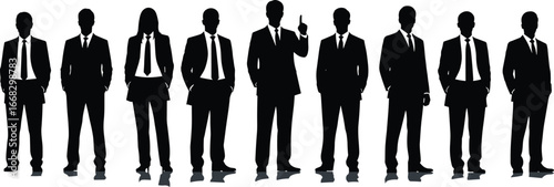 Silhouettes of diverse business people standing in formal suits, professional team, corporate group, leadership, businesswomen and businessmen, isolated vector illustration.