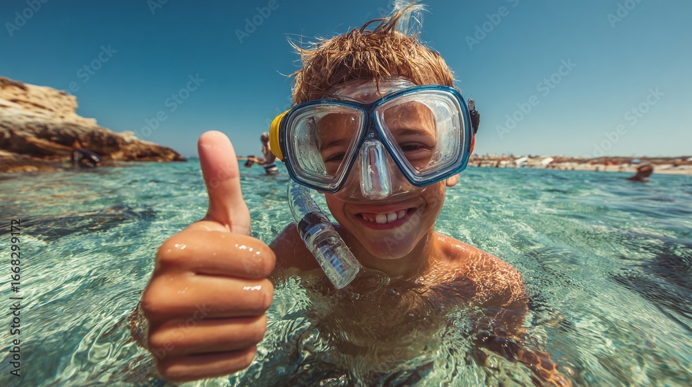Fototapeta premium Underwater Adventures: Boy enjoying water with mask and snorkel, giving thumbs up. Summer joy in refreshing clear waters.