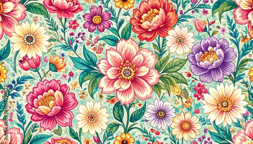A vibrant floral pattern showcasing a profusion of colorful blossoms in various shades, arranged in a captivating repeating design on a soft mint-green background.