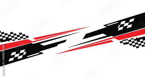 Racing cars speeding with checkered flags and red streaks on white background