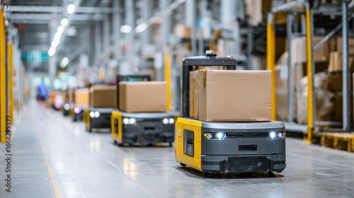 Automated guided vehicles carrying boxes in a warehouse. Streamlining logistics with driverless transport. Efficient warehouse automation in action.